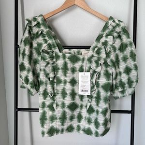 Sezane Brocade Top in Green Ikat NWT